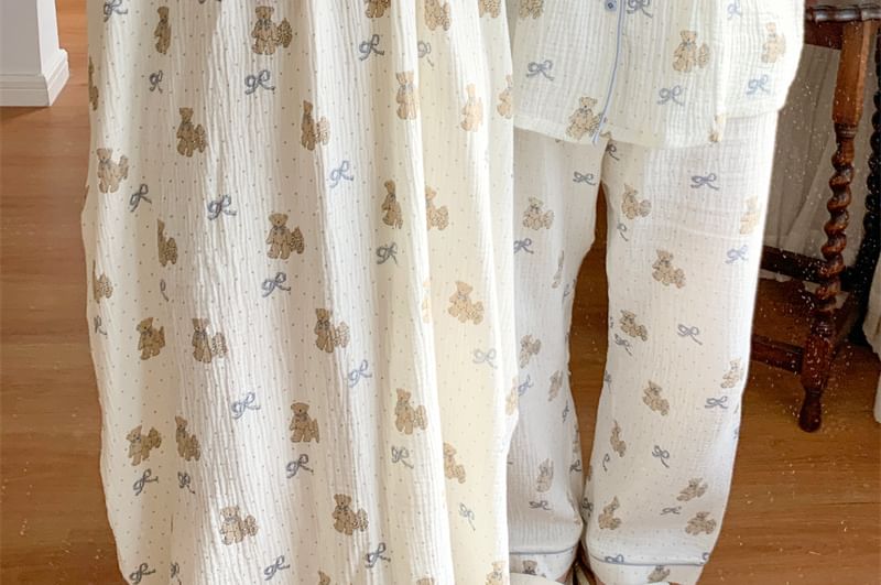 Couple Matching Long Sleeve Round Neck Bear Bow Print Ruffle Pajama Dress / Long Sleeve Collared Shirt / Mid Rise Straight Leg Pants / Set