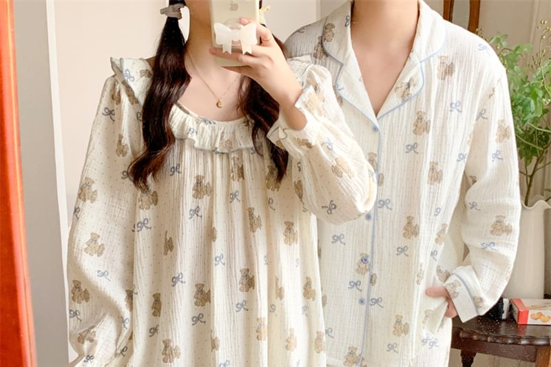 Couple Matching Long Sleeve Round Neck Bear Bow Print Ruffle Pajama Dress / Long Sleeve Collared Shirt / Mid Rise Straight Leg Pants / Set