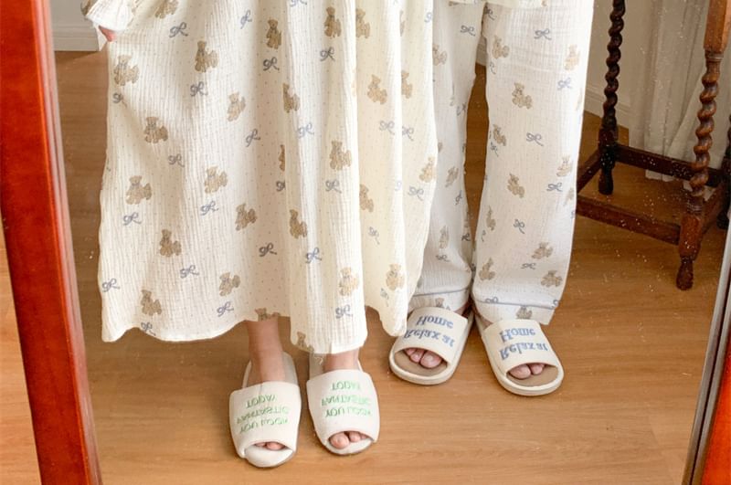 Couple Matching Long Sleeve Round Neck Bear Bow Print Ruffle Pajama Dress / Long Sleeve Collared Shirt / Mid Rise Straight Leg Pants / Set