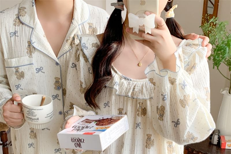 Couple Matching Long Sleeve Round Neck Bear Bow Print Ruffle Pajama Dress / Long Sleeve Collared Shirt / Mid Rise Straight Leg Pants / Set