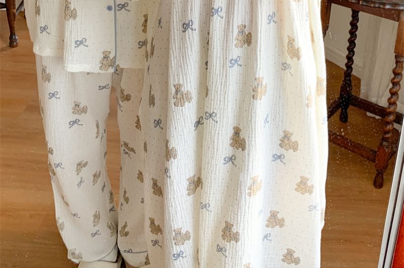 Couple Matching Long Sleeve Round Neck Bear Bow Print Ruffle Pajama Dress / Long Sleeve Collared Shirt / Mid Rise Straight Leg Pants / Set