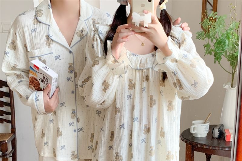 Couple Matching Long Sleeve Round Neck Bear Bow Print Ruffle Pajama Dress / Long Sleeve Collared Shirt / Mid Rise Straight Leg Pants / Set