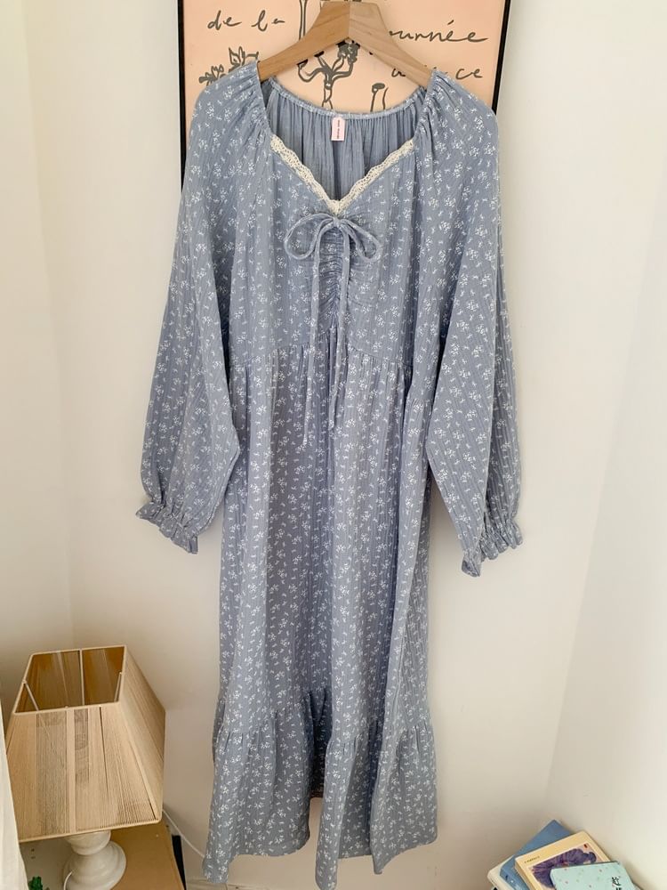 Couple Matching Long Sleeve V-Neck Floral Print Bow Pajama Dress / Long Sleeve Collared Shirt / Mid Rise Straight Leg Pants / Set