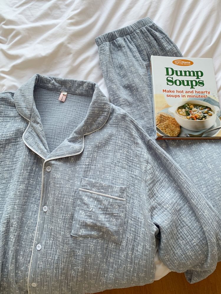 Couple Matching Long Sleeve V-Neck Floral Print Bow Pajama Dress / Long Sleeve Collared Shirt / Mid Rise Straight Leg Pants / Set