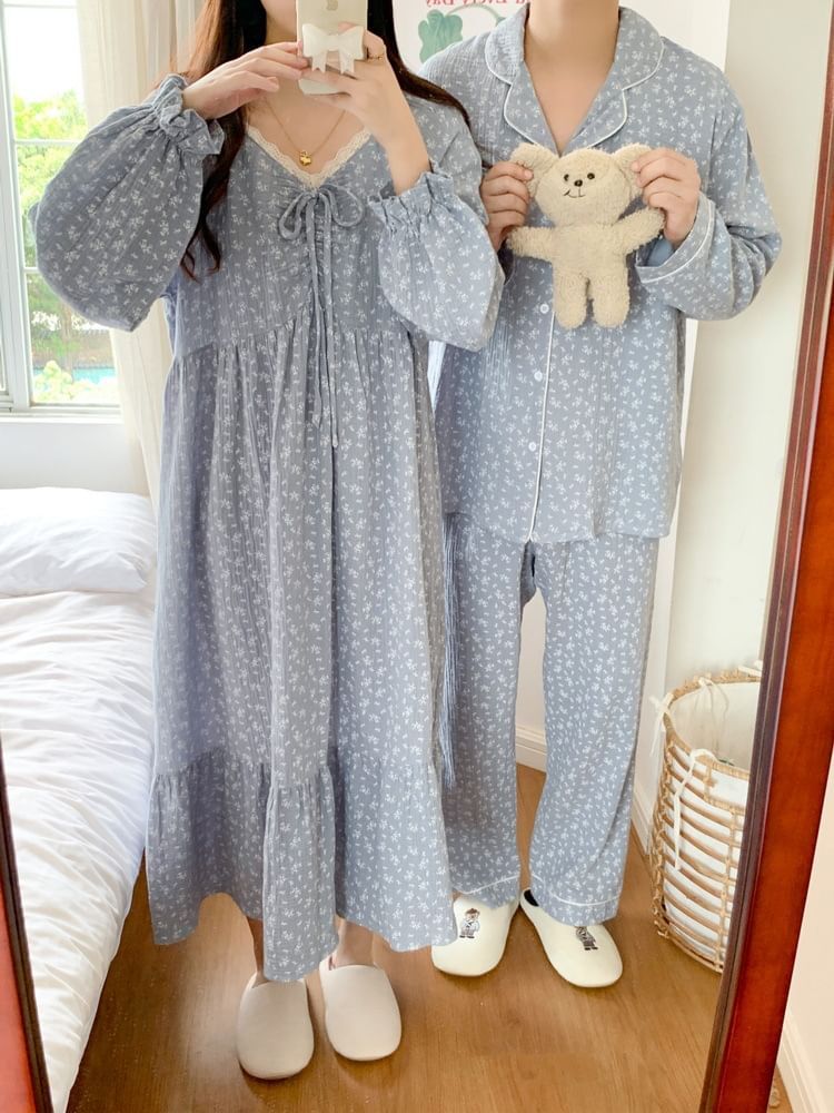 Couple Matching Long Sleeve V-Neck Floral Print Bow Pajama Dress / Long Sleeve Collared Shirt / Mid Rise Straight Leg Pants / Set