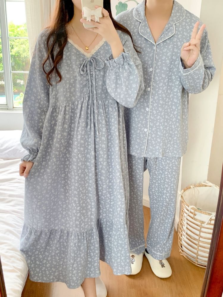 Couple Matching Long Sleeve V-Neck Floral Print Bow Pajama Dress / Long Sleeve Collared Shirt / Mid Rise Straight Leg Pants / Set