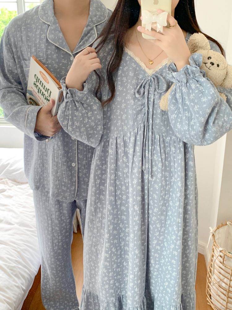 Couple Matching Long Sleeve V-Neck Floral Print Bow Pajama Dress / Long Sleeve Collared Shirt / Mid Rise Straight Leg Pants / Set