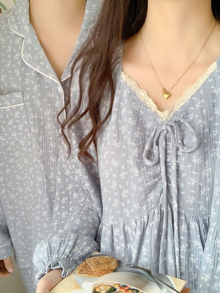 Couple Matching Long Sleeve V-Neck Floral Print Bow Pajama Dress / Long Sleeve Collared Shirt / Mid Rise Straight Leg Pants / Set