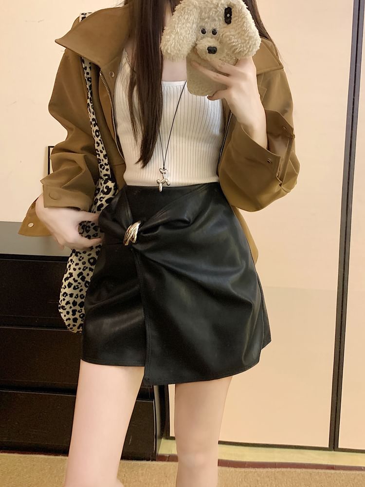 Metal Accent Ruched Mini A-Line Skirt with High Waist