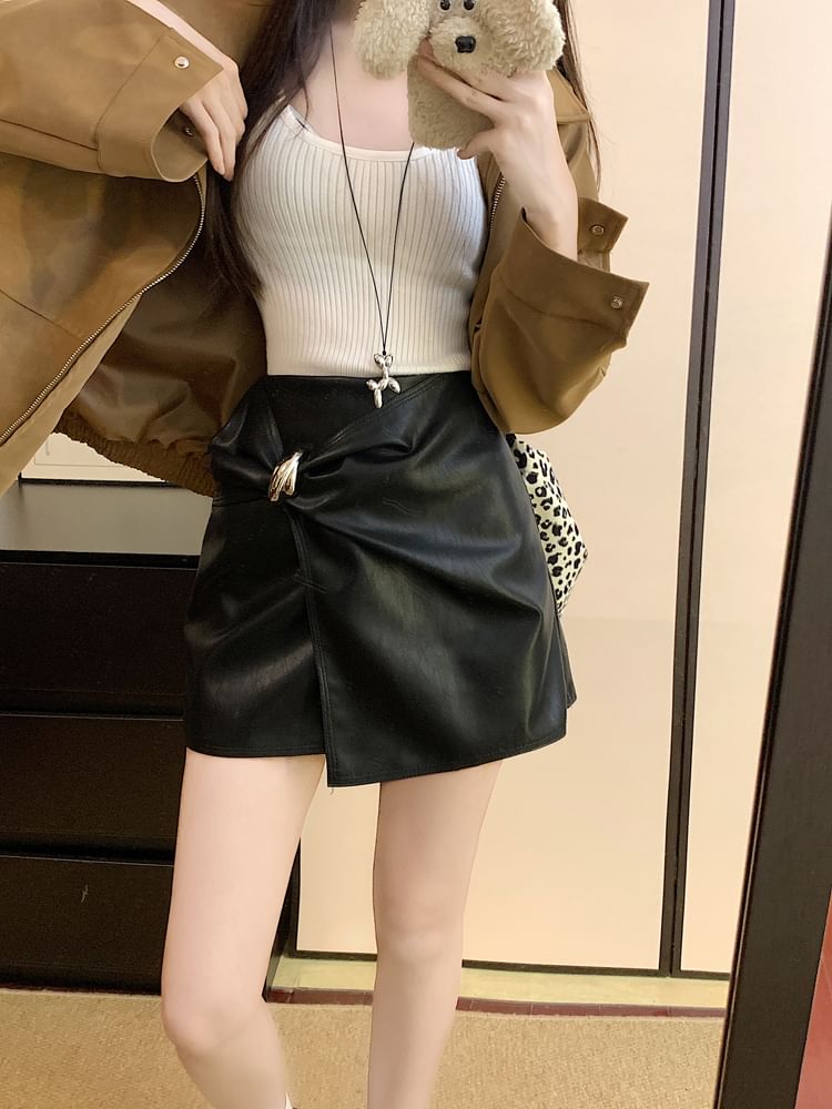 Metal Accent Ruched Mini A-Line Skirt with High Waist