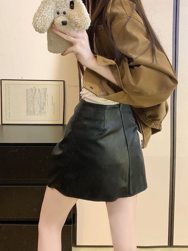 Metal Accent Ruched Mini A-Line Skirt with High Waist