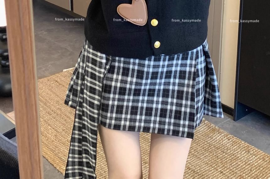 Plaid Asymmetrical Slit Mini Pencil Skirt with High Rise