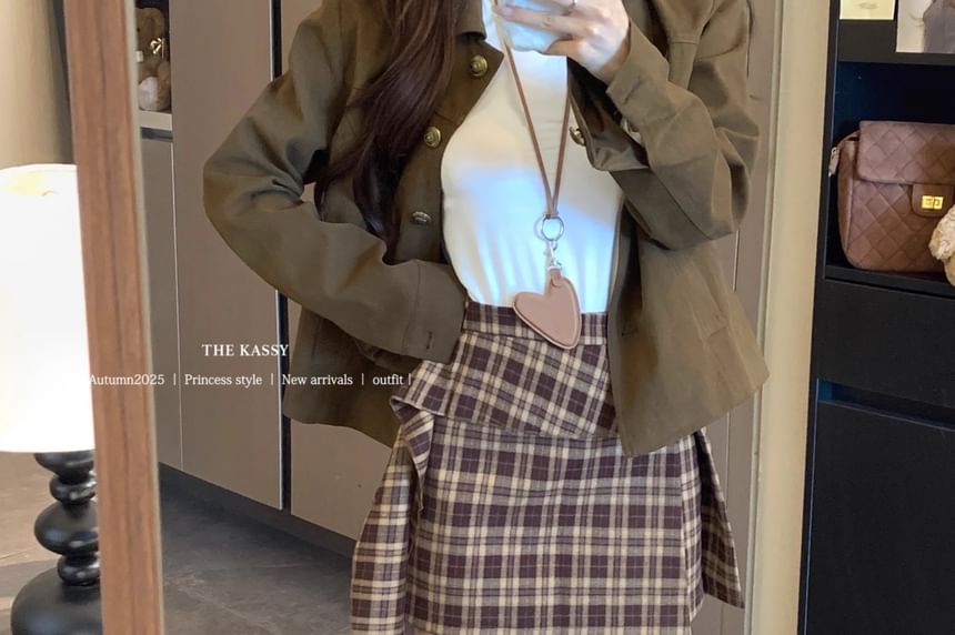 Plaid Asymmetrical Slit Mini Pencil Skirt with High Rise