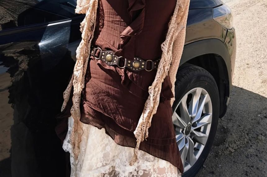 Spaghetti Strap Ruffle Asymmetrical Mini Dress / Bell-Sleeve Tie-Front Cardigan / Asymmetrical Hanky Hem Midi Lace Skirt