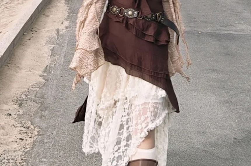 Spaghetti Strap Ruffle Asymmetrical Mini Dress / Bell-Sleeve Tie-Front Cardigan / Asymmetrical Hanky Hem Midi Lace Skirt