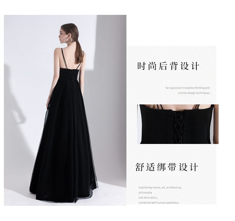 Spaghetti Strap V-Neck Plain A-Line Evening Gown