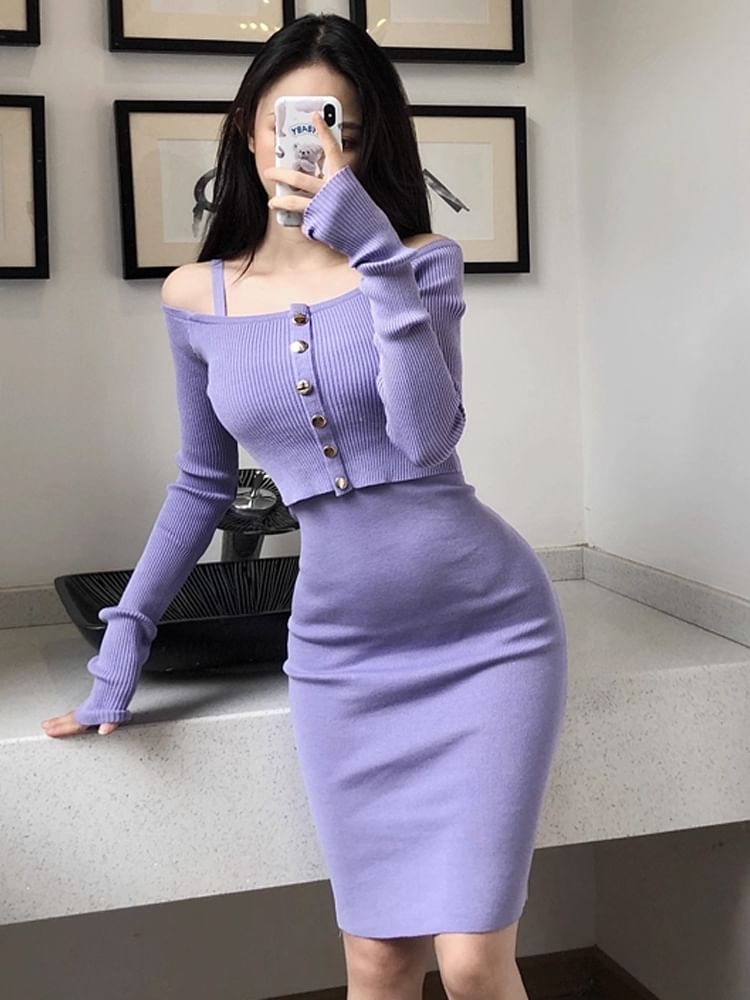 Set: Scoop Neck Button-Up Plain Crop Cardigan + Spaghetti Strap Sheath Dress