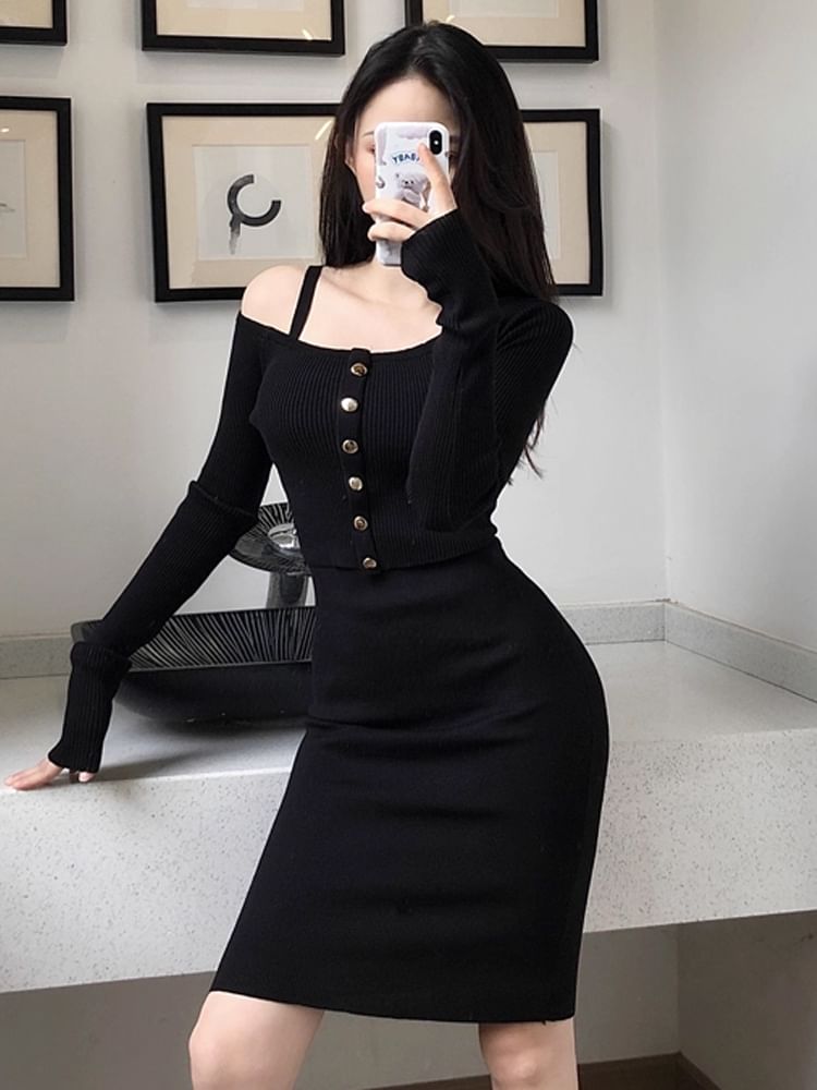 Set: Scoop Neck Button-Up Plain Crop Cardigan + Spaghetti Strap Sheath Dress