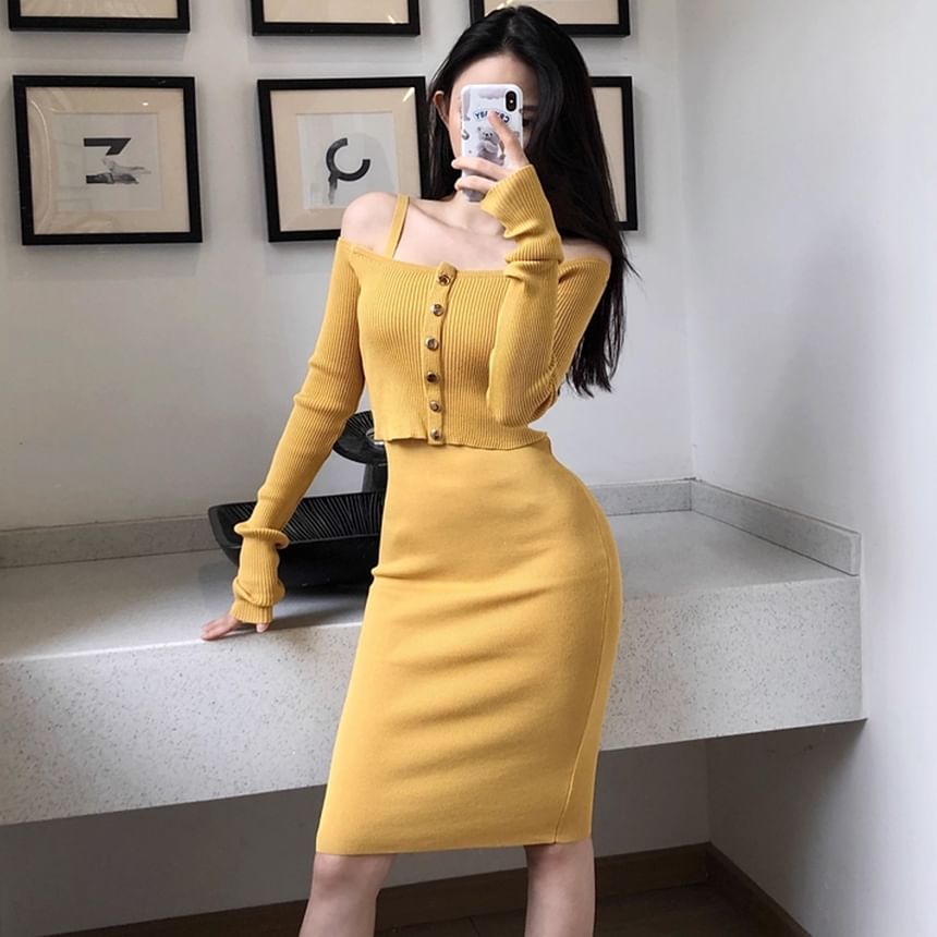 Set: Scoop Neck Button-Up Plain Crop Cardigan + Spaghetti Strap Sheath Dress