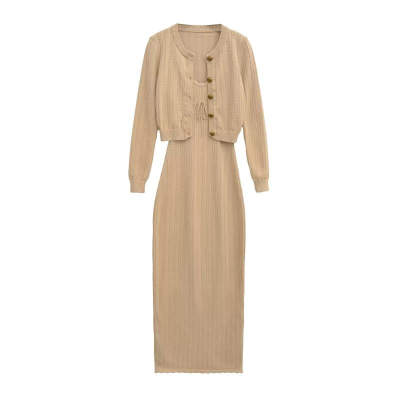 Button-Up Plain Cardigan / Sleeveless Maxi Sheath Dress