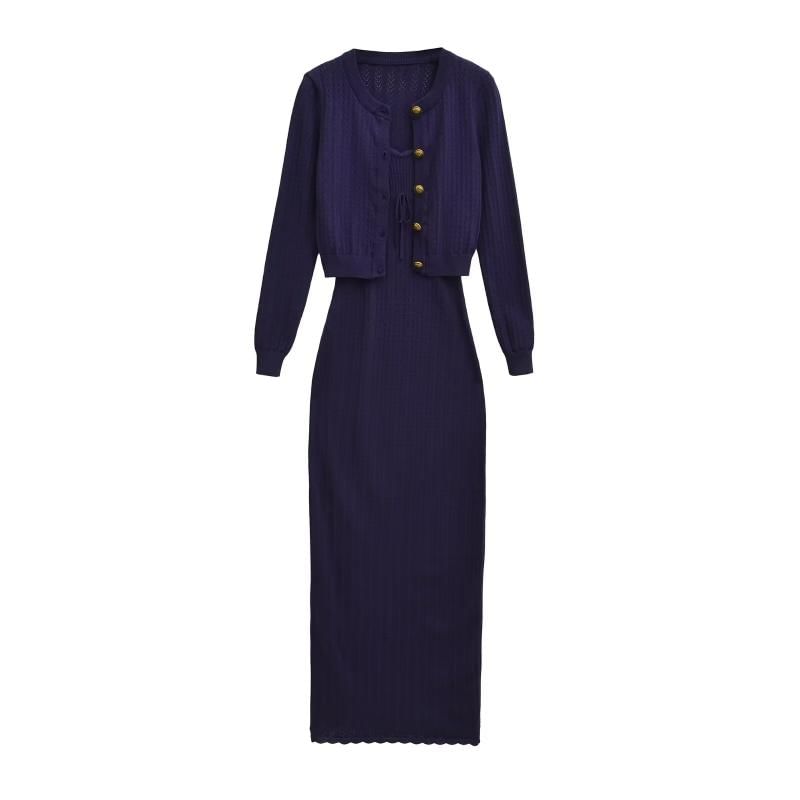 Button-Up Plain Cardigan / Sleeveless Maxi Sheath Dress