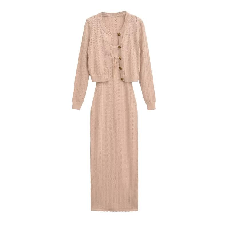 Button-Up Plain Cardigan / Sleeveless Maxi Sheath Dress