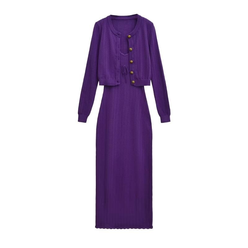 Button-Up Plain Cardigan / Sleeveless Maxi Sheath Dress