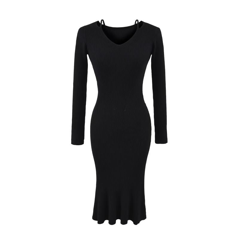 Long-Sleeve V-Neck Cutout Plain Maxi Mermaid Dress