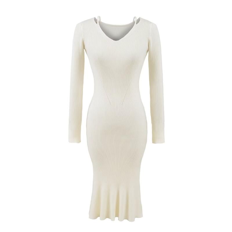 Long-Sleeve V-Neck Cutout Plain Maxi Mermaid Dress