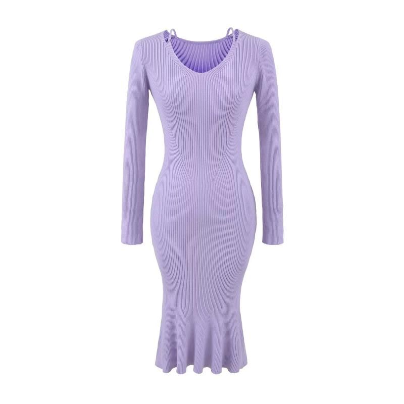 Long-Sleeve V-Neck Cutout Plain Maxi Mermaid Dress