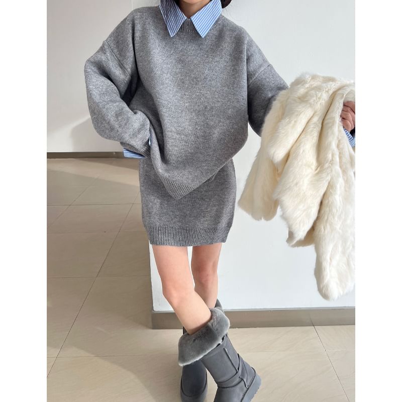 Striped Collar Sweater with Knit Mini Skirt Set
