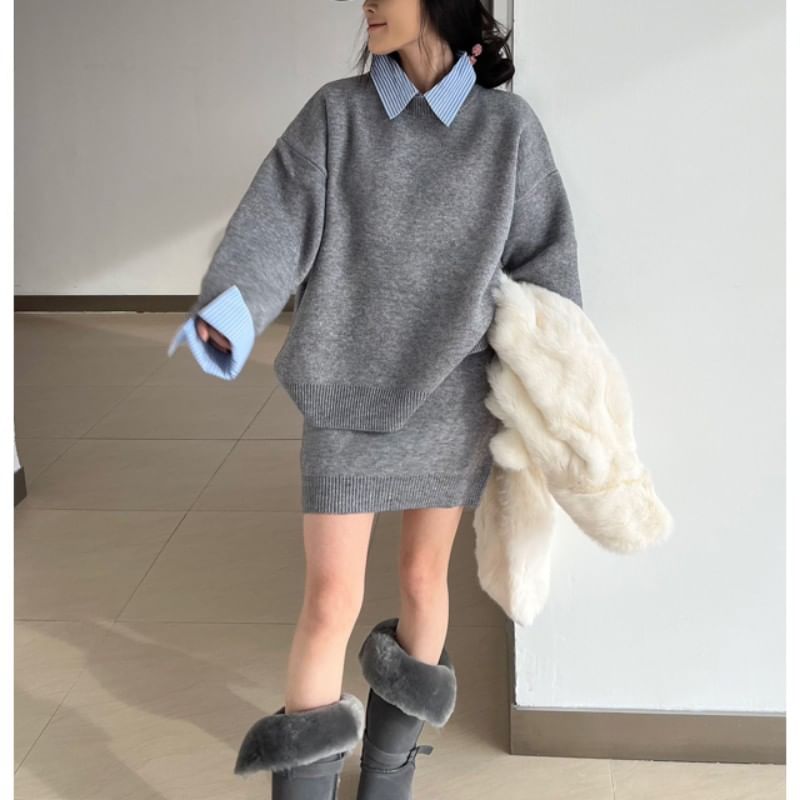 Striped Collar Sweater with Knit Mini Skirt Set