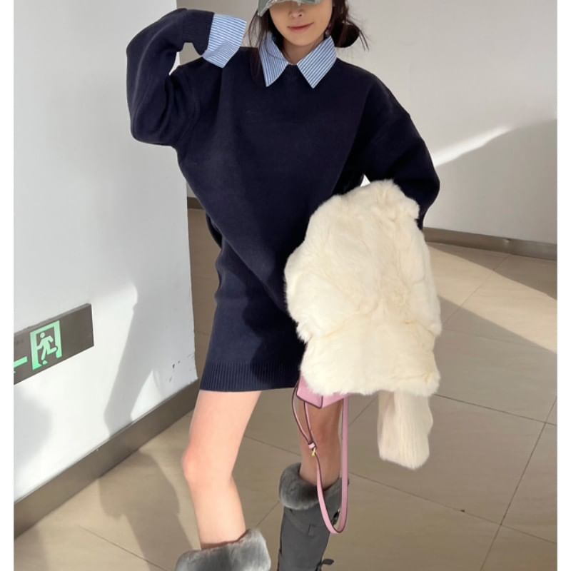 Striped Collar Sweater with Knit Mini Skirt Set