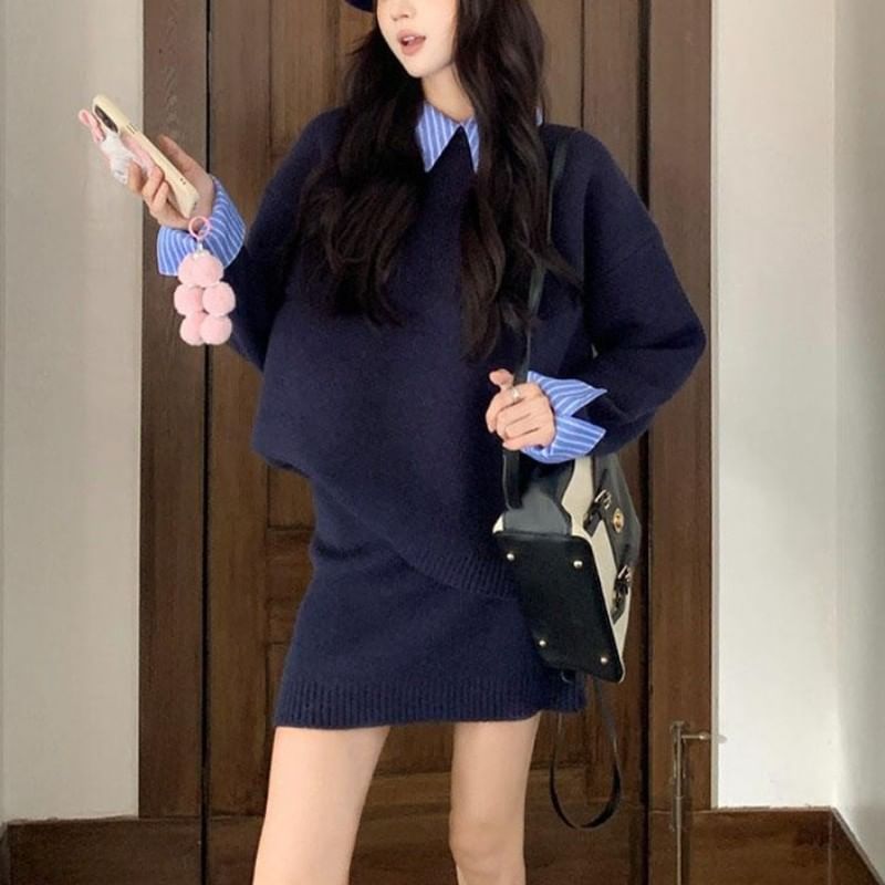 Striped Collar Sweater with Knit Mini Skirt Set