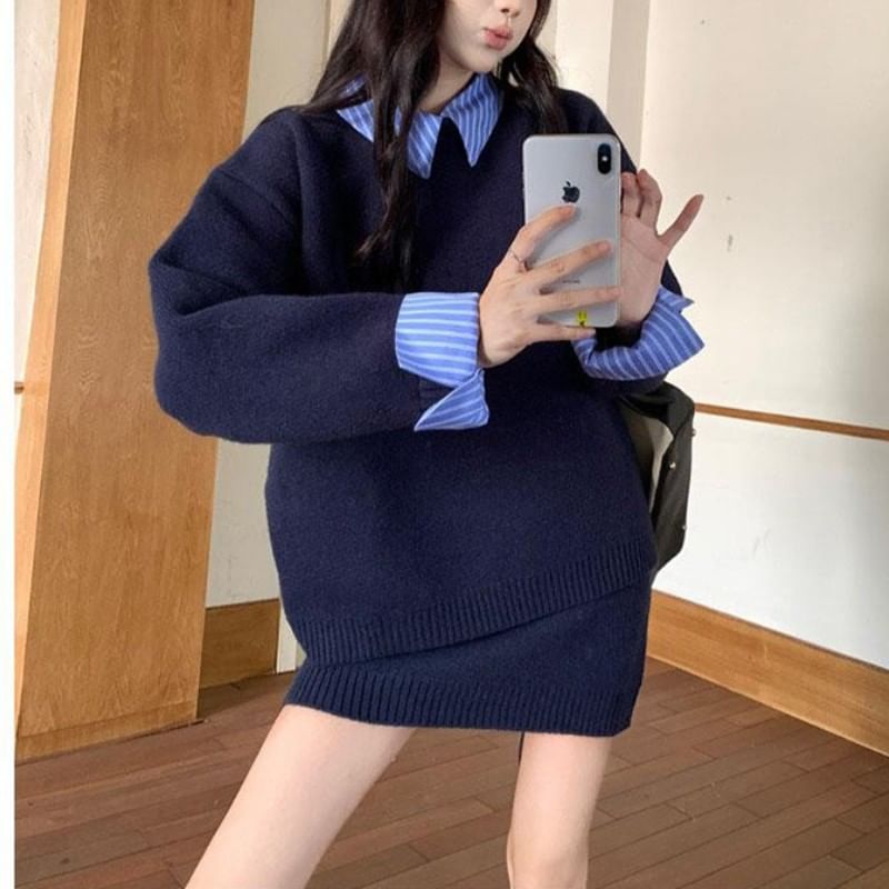 Striped Collar Sweater with Knit Mini Skirt Set