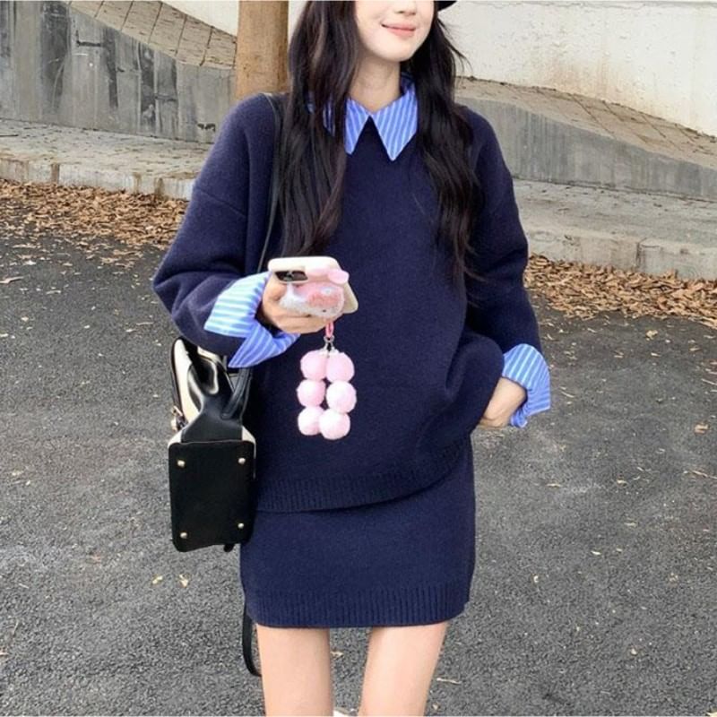 Striped Collar Sweater with Knit Mini Skirt Set