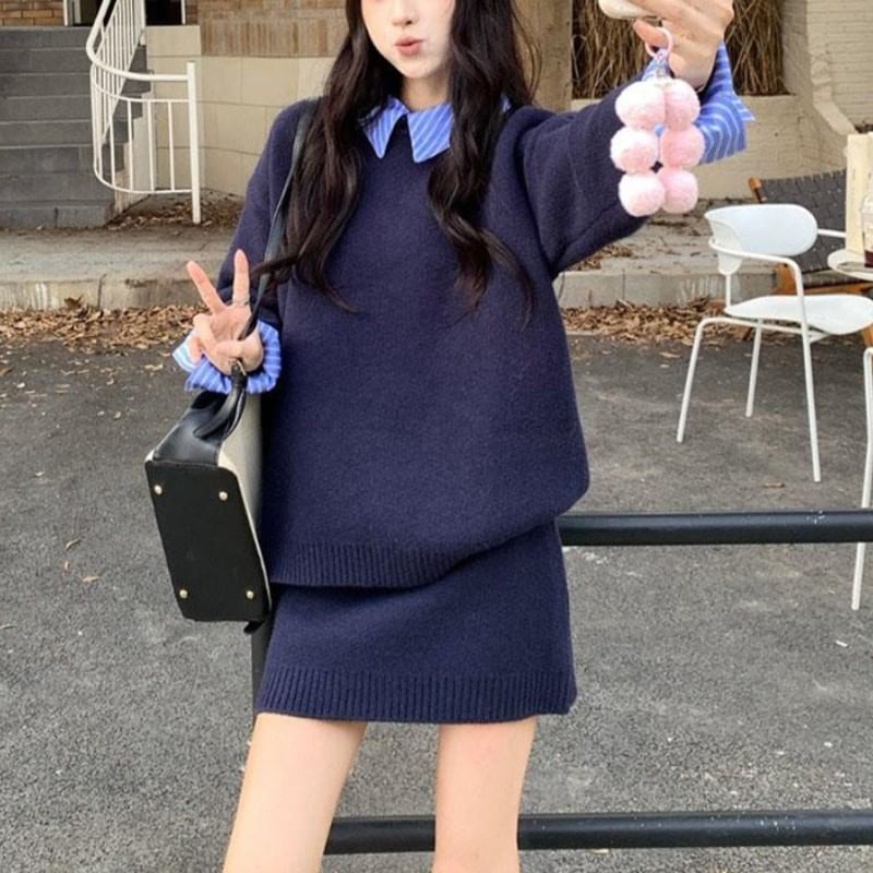 Striped Collar Sweater with Knit Mini Skirt Set