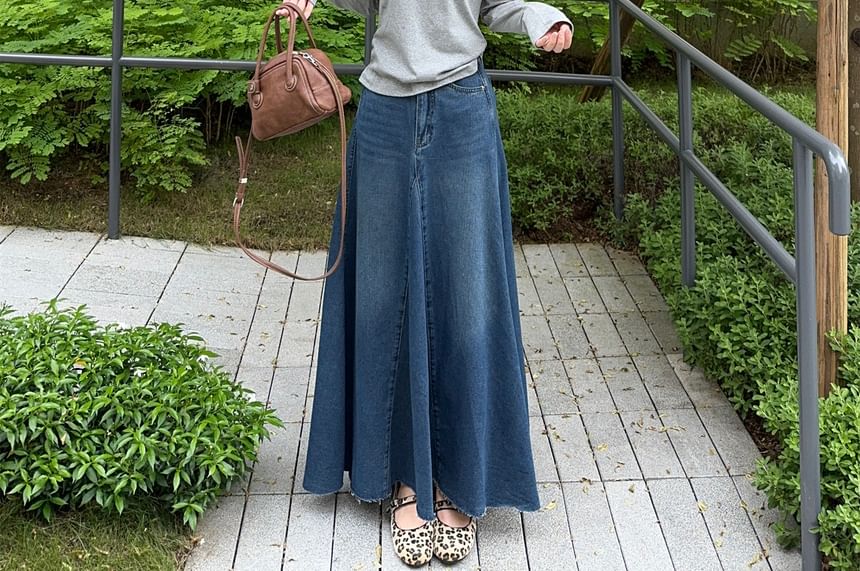 One Shoulder Frill Top with Washed Fray Maxi Denim Skirt