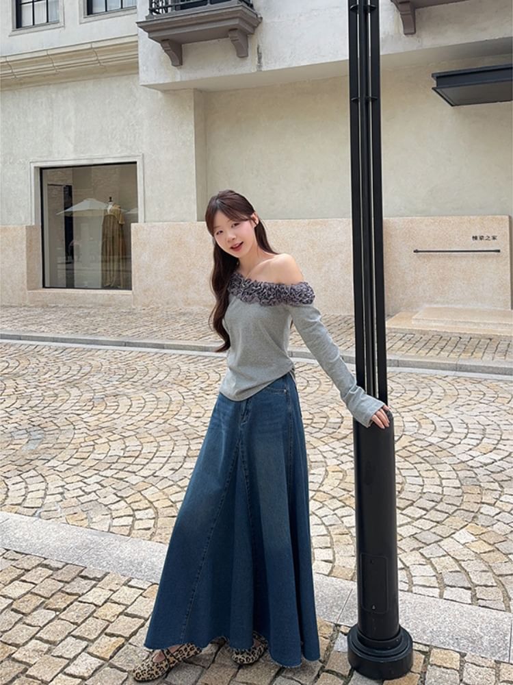 One Shoulder Frill Top with Washed Fray Maxi Denim Skirt