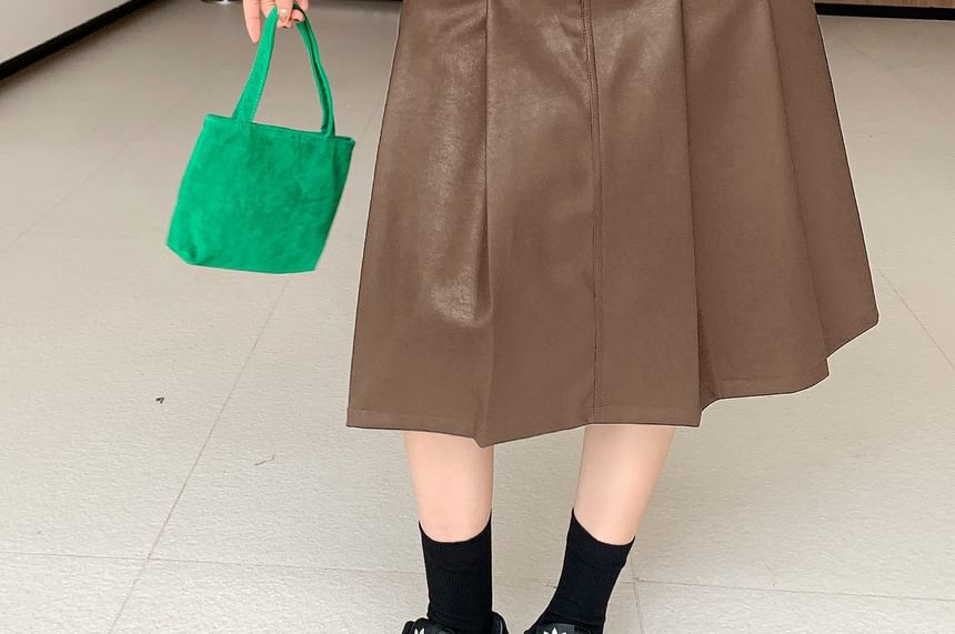 Pleated Faux Leather Midi A-Line Skirt with High Rise