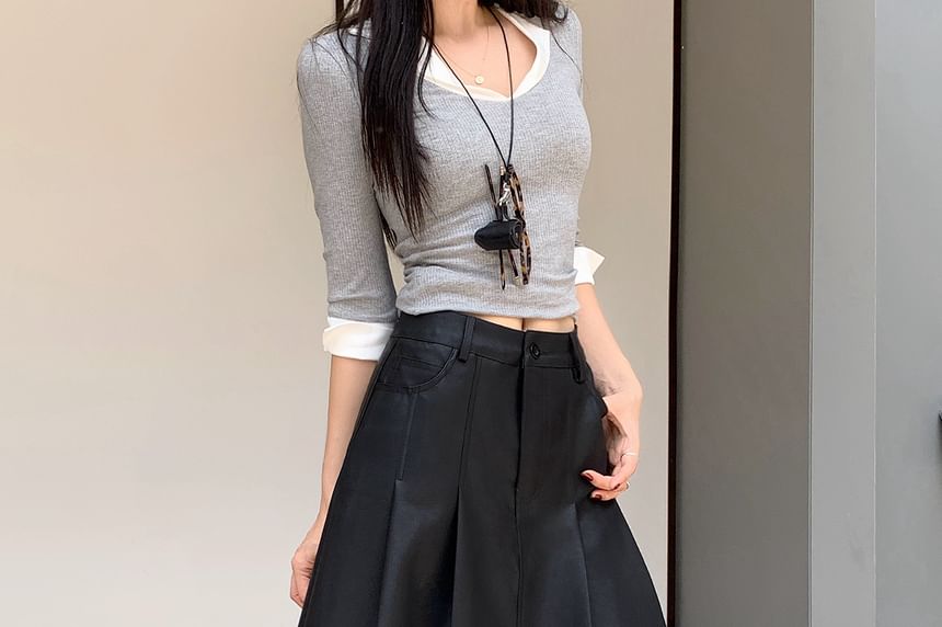 Pleated Faux Leather Midi A-Line Skirt with High Rise