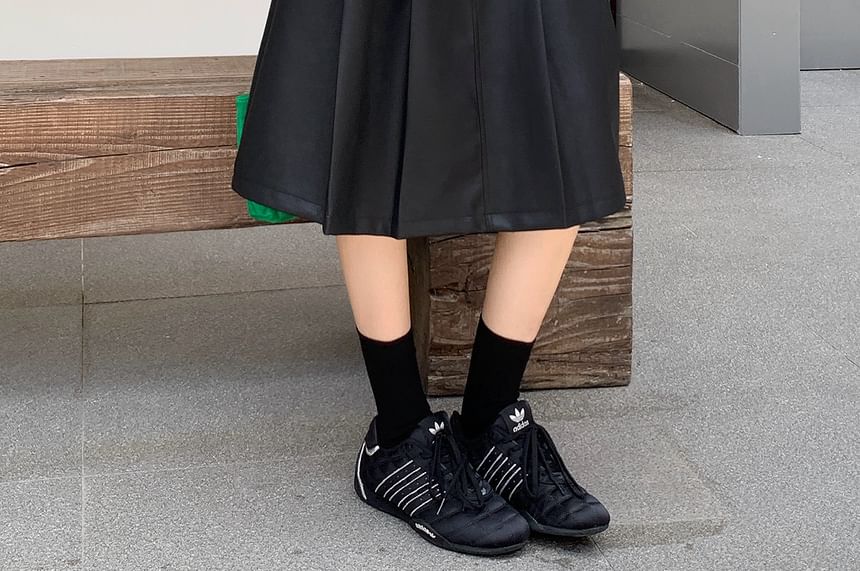Pleated Faux Leather Midi A-Line Skirt with High Rise