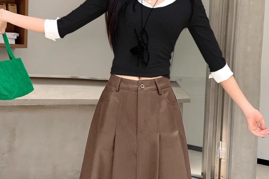 Pleated Faux Leather Midi A-Line Skirt with High Rise