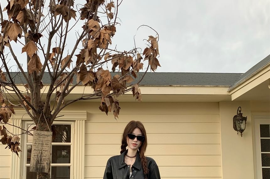 Collared Faux Leather Zip Jacket with Plaid Asymmetrical Maxi Skirt