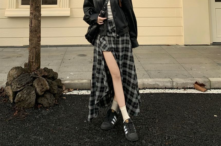 Collared Faux Leather Zip Jacket with Plaid Asymmetrical Maxi Skirt