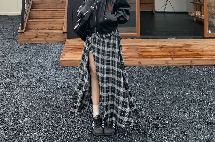 Collared Faux Leather Zip Jacket with Plaid Asymmetrical Maxi Skirt