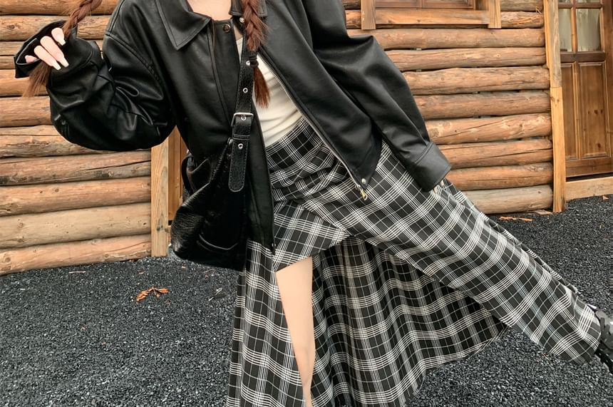 Collared Faux Leather Zip Jacket with Plaid Asymmetrical Maxi Skirt