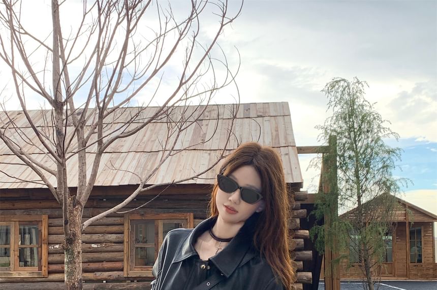 Collared Faux Leather Zip Jacket with Plaid Asymmetrical Maxi Skirt