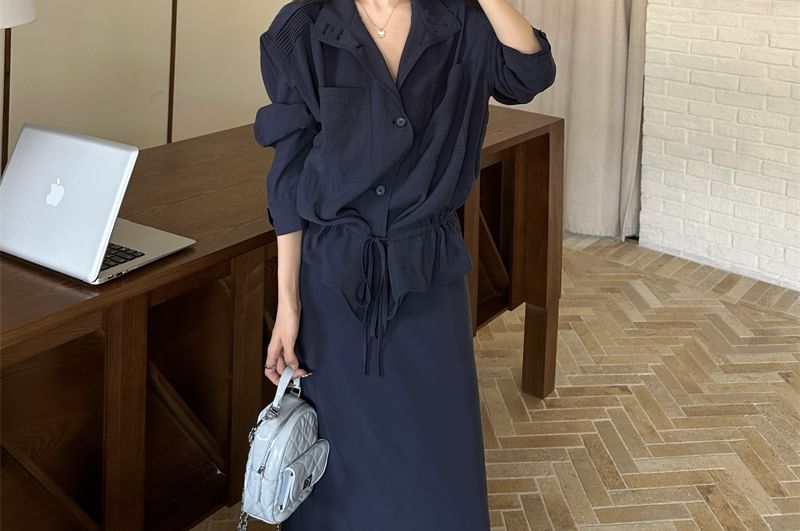 Stand Collar Drawstring Shirt with Maxi A-Line Skirt