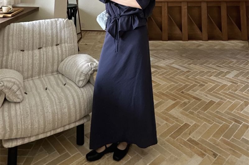 Stand Collar Drawstring Shirt with Maxi A-Line Skirt